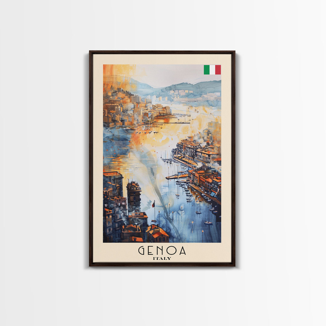Genoa Italy Watercolor Cityscape Art, Framed Canvas Print, Wall Art for Living Room, Travel Poster Art, Home Decor, Italian Art