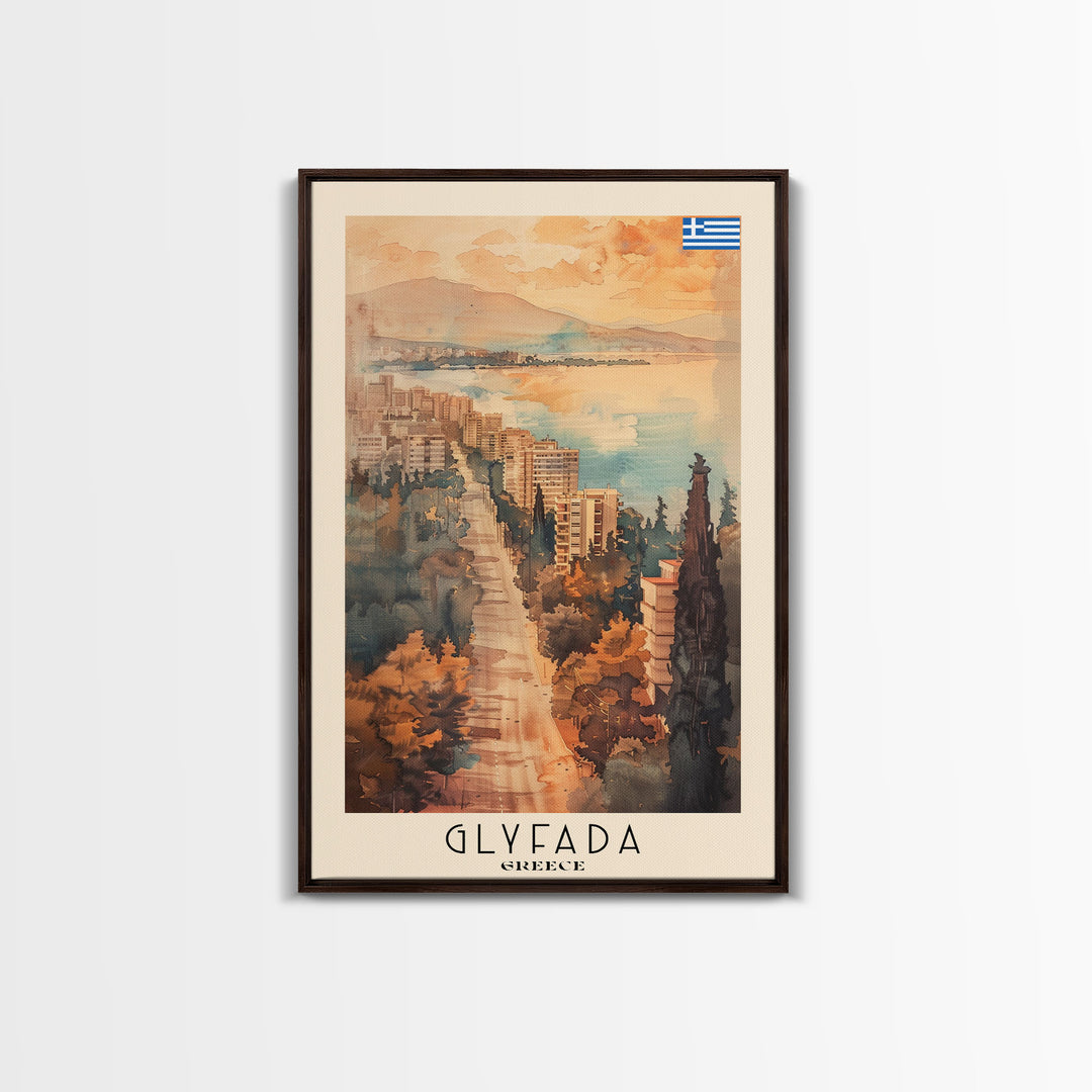Glyfada Greece Coastline Art, Framed Canvas Print, Living Room Wall Art, Travel Poster, Home Decor, Greek Art