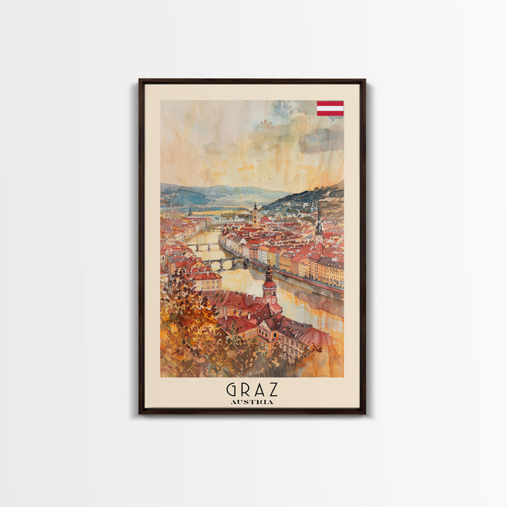 Graz Austria Watercolor Cityscape Art, Framed Canvas Print, Wall Art for Living Room, Travel Poster Art, Home Decor, Austrian Wall Art