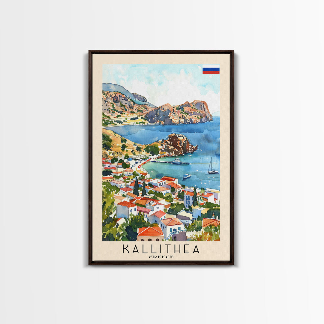 Kallithea Greece Coastal City View, Framed Canvas Print, Travel Poster, Mediterranean Wall Art, Living Room Decor, Greek Cityscape, Seaside Home Decoration