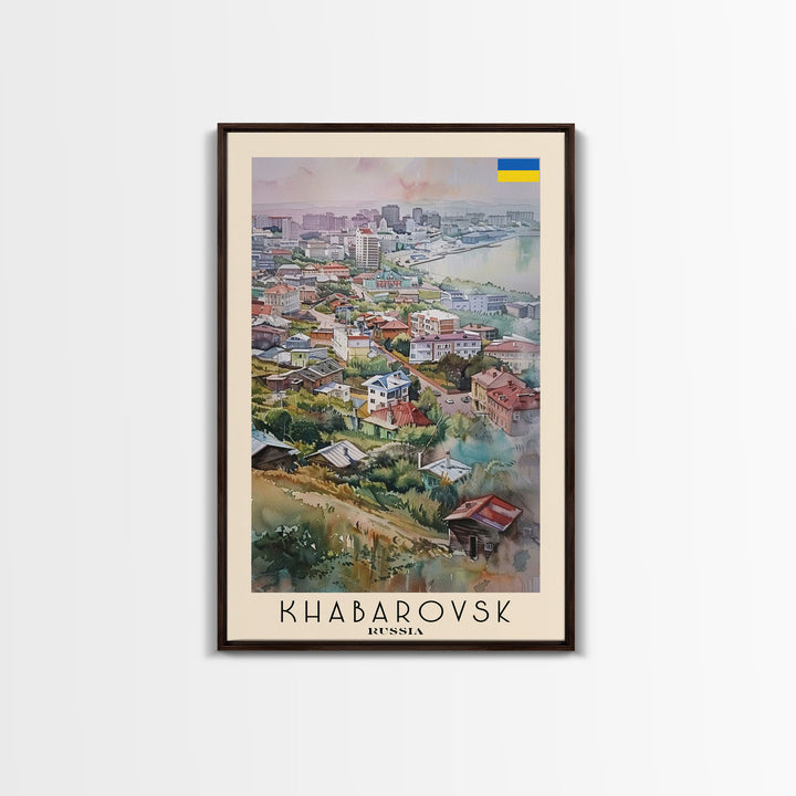 Khabarovsk Russia Riverside View, Framed Canvas Print, Travel Poster, Wall Art, Home Decor, Living Room Decoration, Russian Cityscape Art