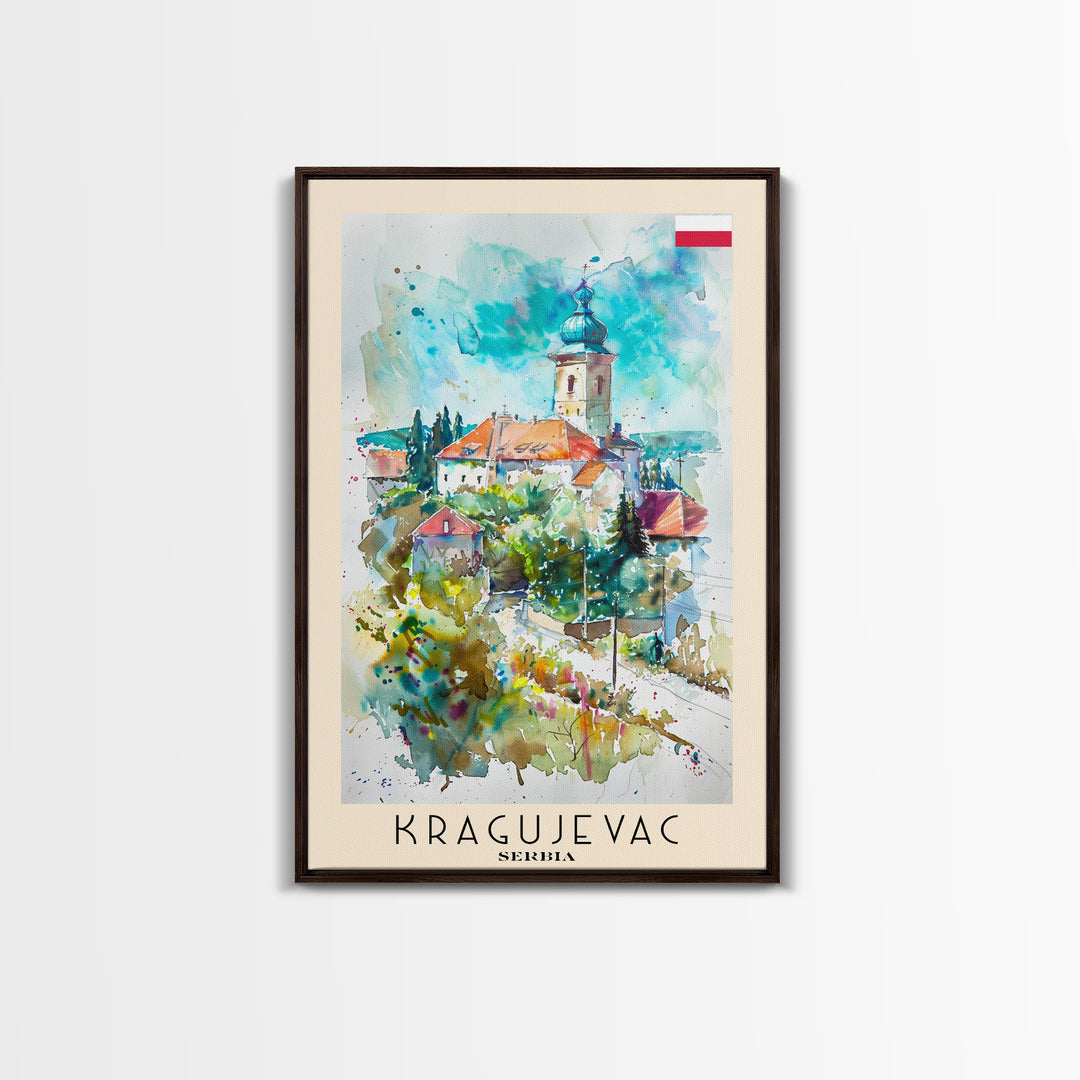 Kragujevac Serbia Travel Poster Framed Canvas Print, Watercolor Painting, Boho Wall Art, Living Room Decor, Scenic Art, Travel Print