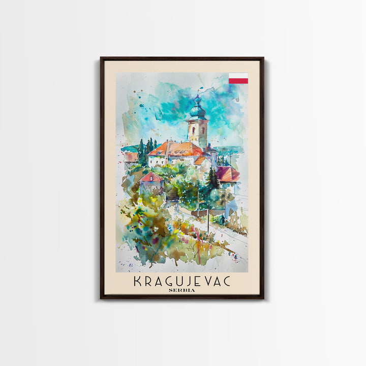 Kragujevac Serbia Travel Poster Framed Canvas Print, Watercolor Painting, Boho Wall Art, Living Room Decor, Scenic Art, Travel Print