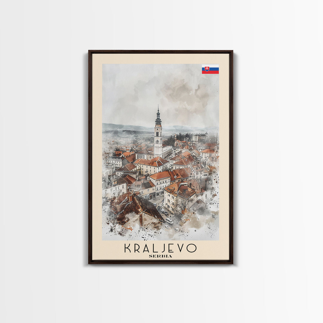 Kraljevo Serbia Travel Poster Framed Canvas Print, Urban Landscape, Watercolor Wall Art, Home Decor, Original Art, Travel Print