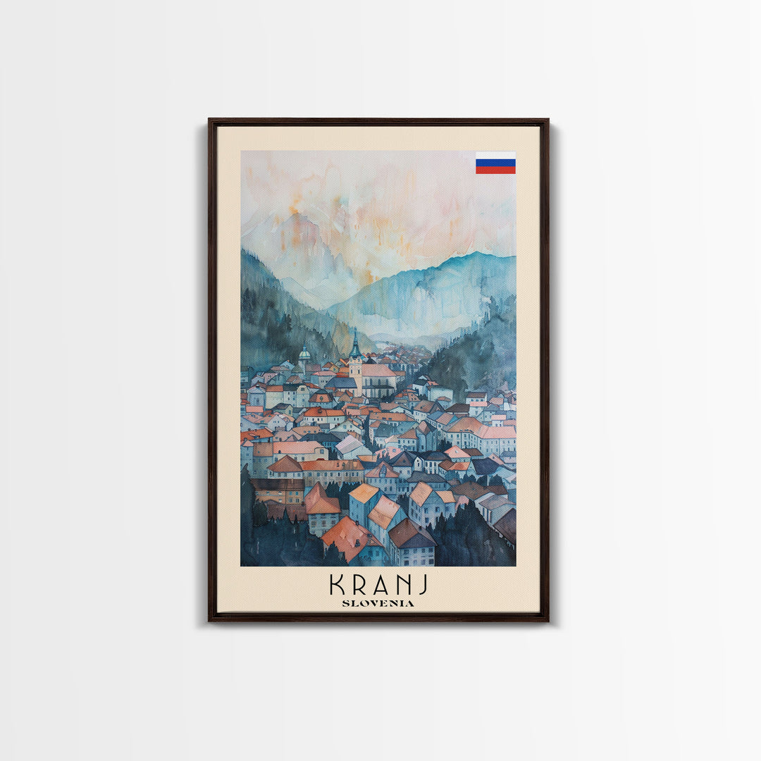 Kranj Slovenia Travel Poster Framed Canvas Print, Watercolor Painting, Scenic Wall Art, Living Room Decor, Artistic Travel Print, Vacation Souvenir
