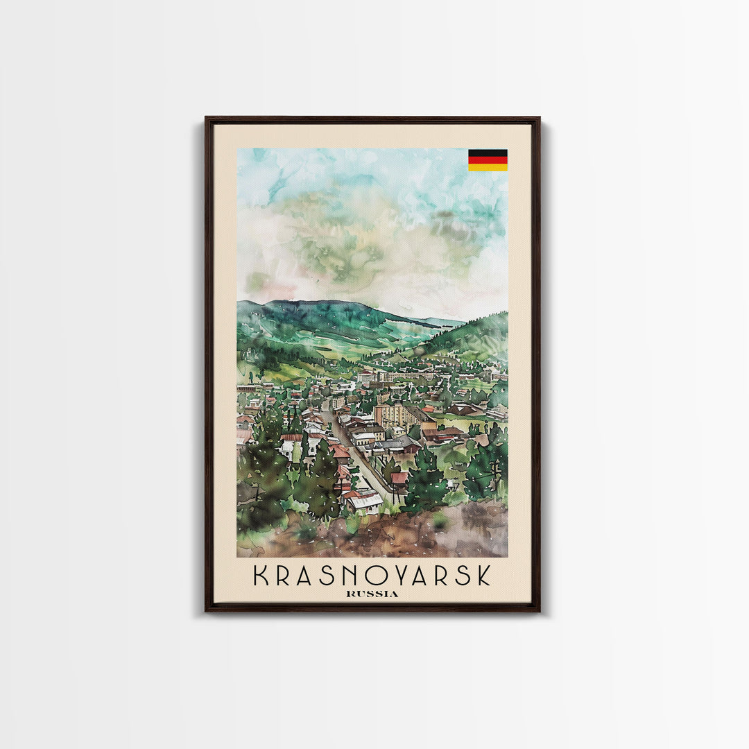 Krasnoyarsk Russia Travel Poster Framed Canvas Print, Watercolor Cityscape, Home Decor, Wall Art, Scenic Painting, Travel Print, Artistic Gift