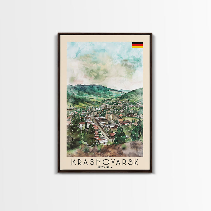 Krasnoyarsk Russia Travel Poster Framed Canvas Print, Watercolor Cityscape, Home Decor, Wall Art, Scenic Painting, Travel Print, Artistic Gift
