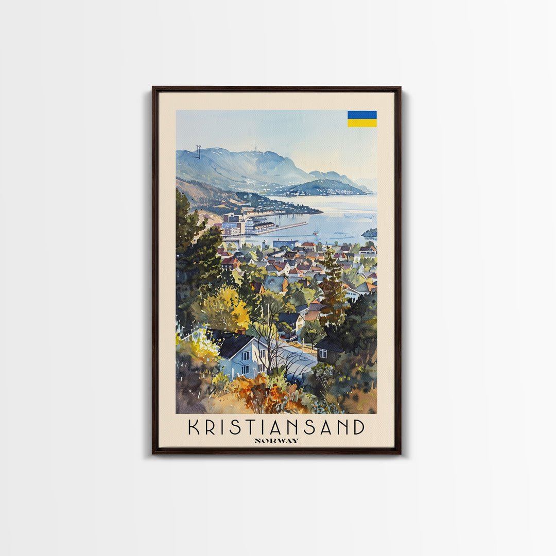 Kristiansand Norway Travel Poster Framed Canvas Print, Scenic Landscape Art, Watercolor Painting, Home Decoration, Travel Print, Artistic Gift
