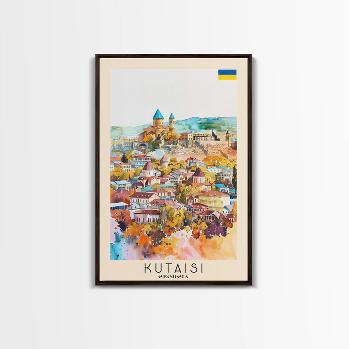 Kutaisi Georgia Travel Poster Framed Canvas Print, Scenic Landscape, Watercolor Art, Wall Decor, Home Decoration, Travel Print, Original Art