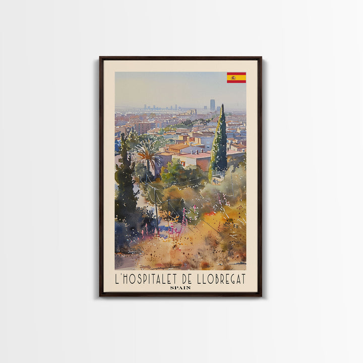 L'Hospitalet Spain Travel Poster Framed Canvas Print, Urban Landscape, Watercolor Painting, Wall Art, Home Decor, Travel Print, Artistic Gift