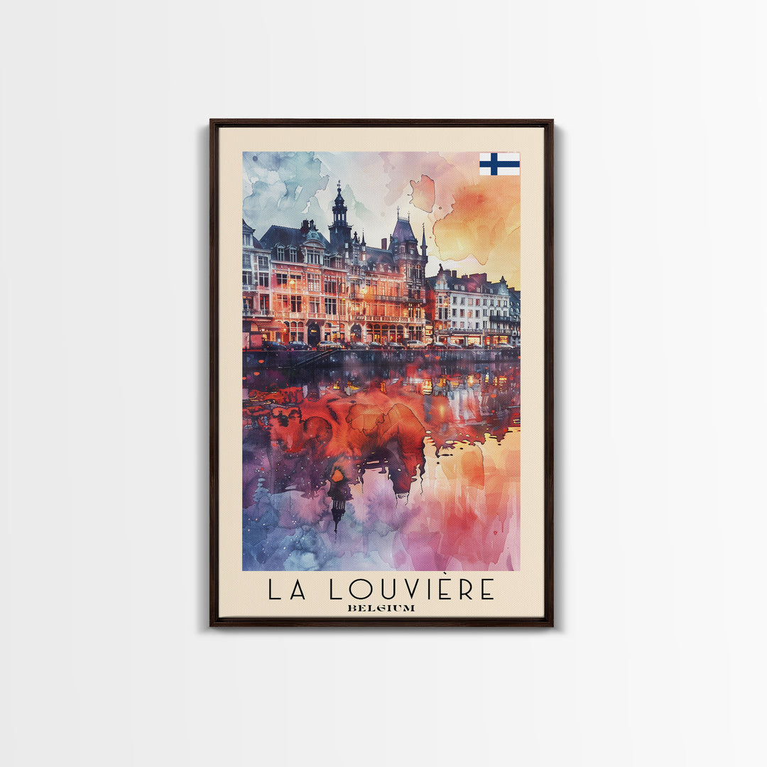 La Louviere Belgium Travel Poster Framed Canvas Print, Urban Landscape, Watercolor Art, Wall Decor, Home Decor, Travel Print, Original Art