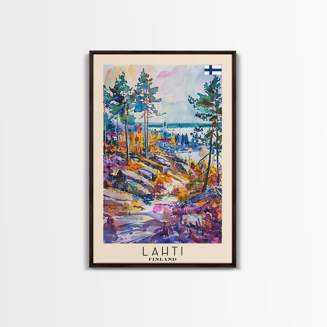 Lahti Finland Travel Poster Framed Canvas Print, Scenic Landscape, Watercolor Art, Wall Decor, Home Decoration, Travel Print, Original Painting