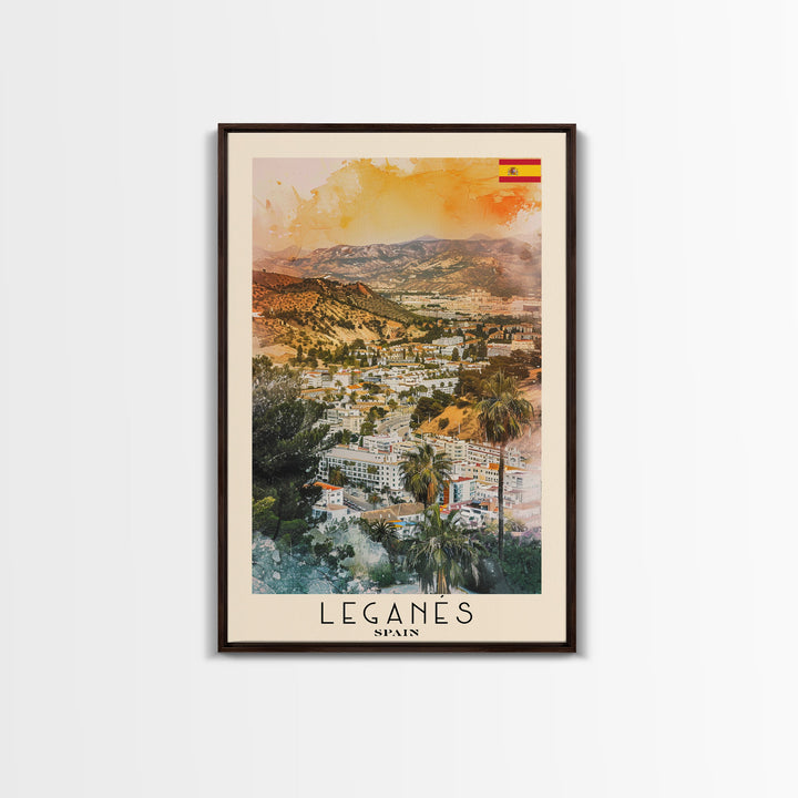Leganes Spain Travel Poster Framed Canvas Print, Vibrant Cityscape, Watercolor Painting, Wall Art, Home Decor, Travel Print, Artistic Gift