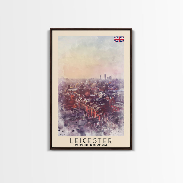 Leicester United Kingdom Travel Poster Framed Canvas Print, Historic Cityscape, Watercolor Art, Wall Decor, Home Decoration, Travel Print, Original Art