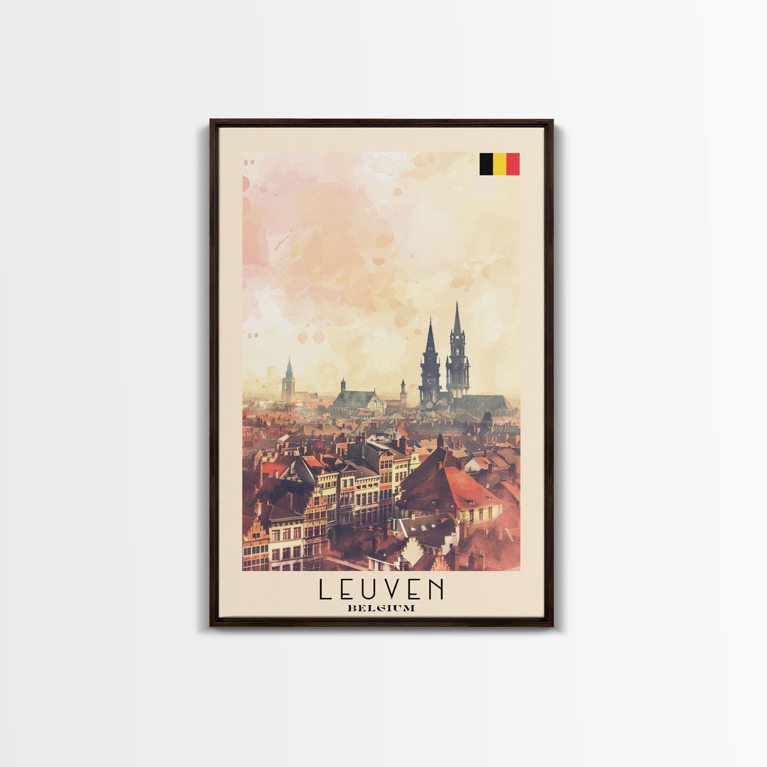 Leuven Belgium Travel Poster Framed Canvas Print, Historic Cityscape, Watercolor Art, Wall Decor, Home Decoration, Travel Print, Original Art