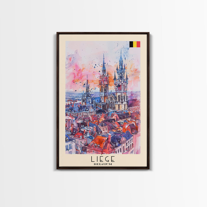 Liege Belgium Travel Poster Framed Canvas Print, Urban Landscape, Watercolor Art, Wall Decor, Home Decoration, Travel Print, Original Art