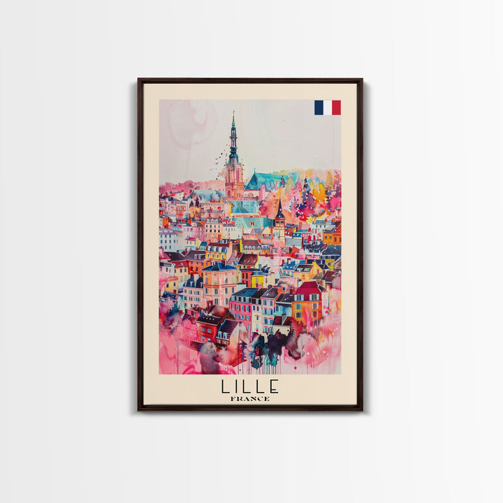 Lille France Travel Poster Framed Canvas Print, Historic Cityscape, Watercolor Painting, Wall Art, Home Decor, Travel Print, Artistic Gift
