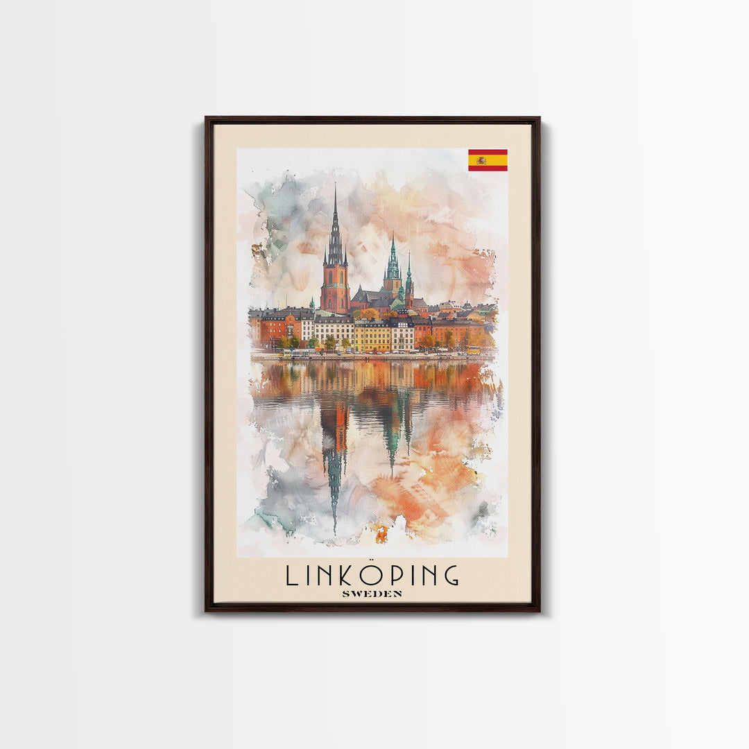 Linköping Sweden Travel Poster Framed Canvas Print, Urban Landscape, Watercolor Art, Wall Decor, Home Decoration, Travel Print, Original Art