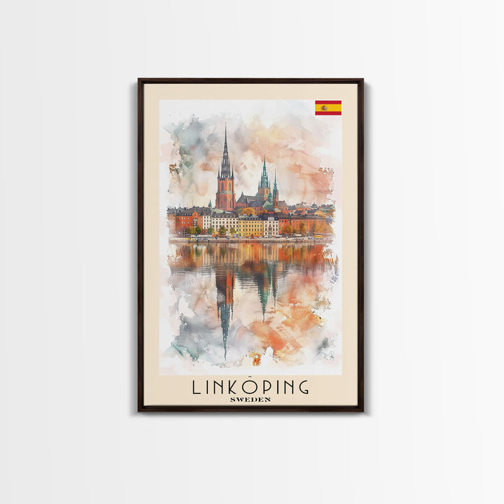 Linköping Sweden Travel Poster Framed Canvas Print, Urban Landscape, Watercolor Art, Wall Decor, Home Decoration, Travel Print, Original Art
