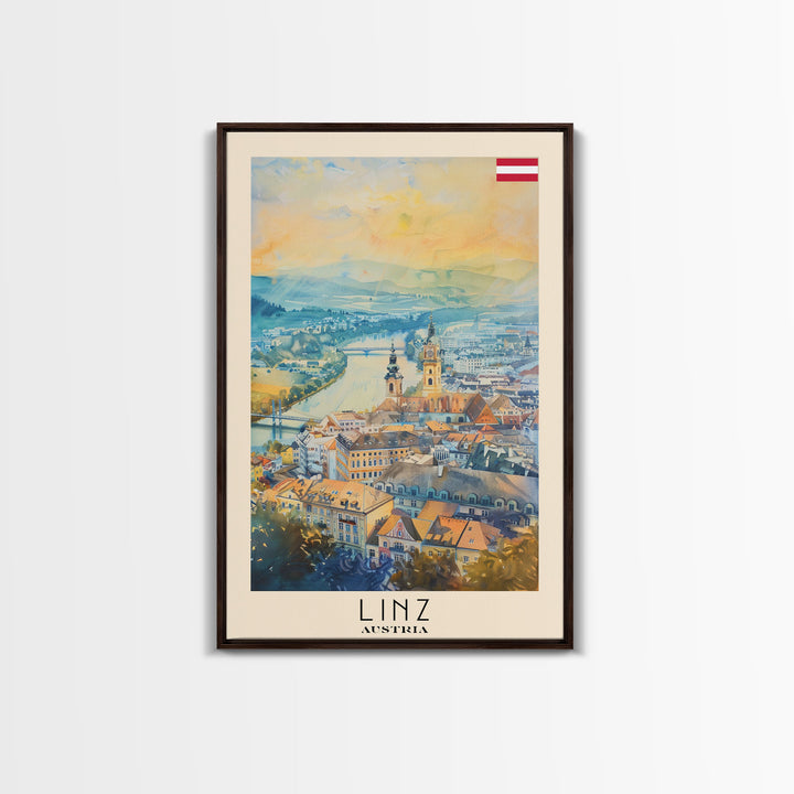 Linz Austria Travel Poster Framed Canvas Print, Scenic Landscape, Watercolor Painting, Wall Art, Home Decoration, Travel Print, Artistic Gift