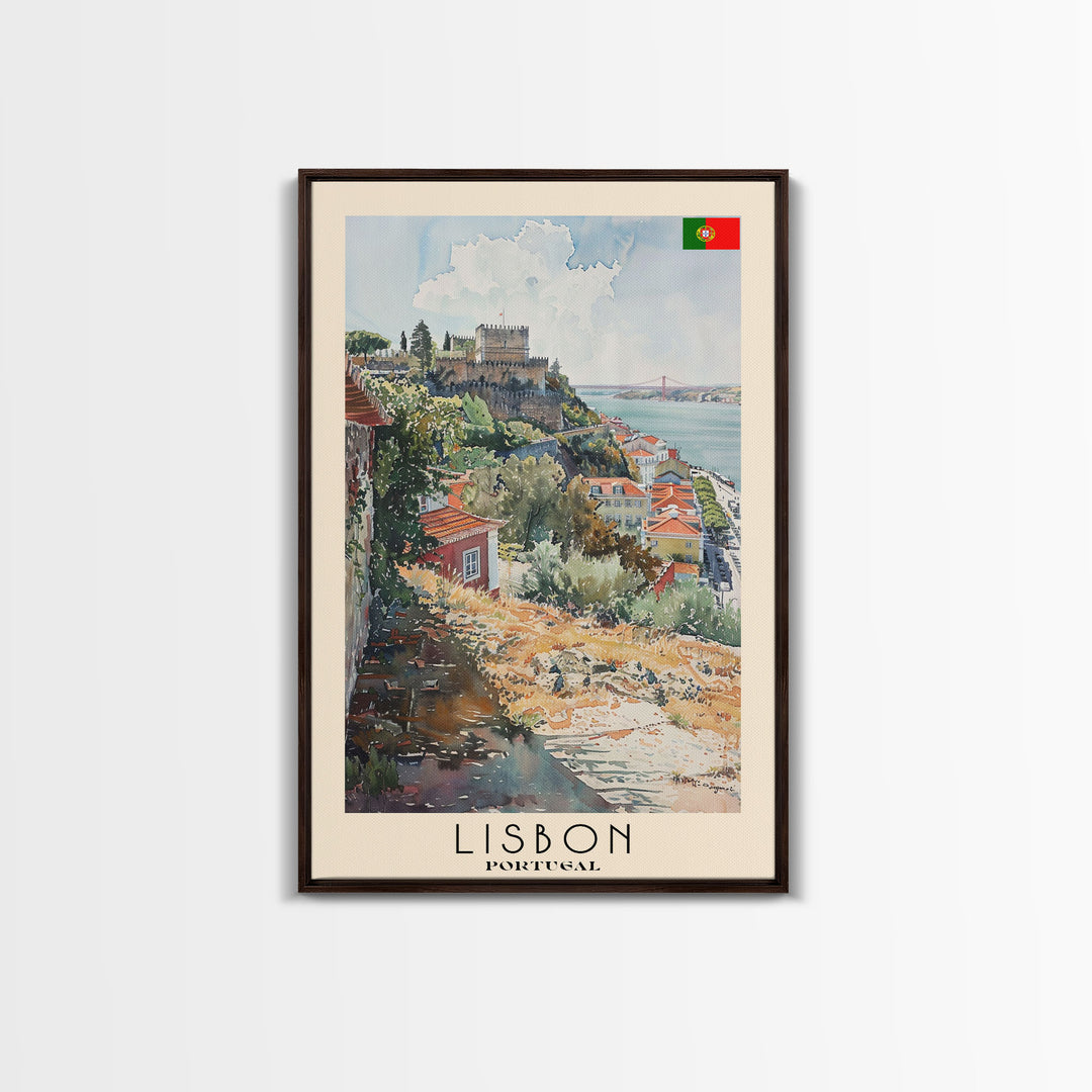 Lisbon Portugal Travel Poster Framed Canvas Print, Coastal Cityscape, Watercolor Painting, Wall Art, Home Decoration, Travel Print, Artistic Gift