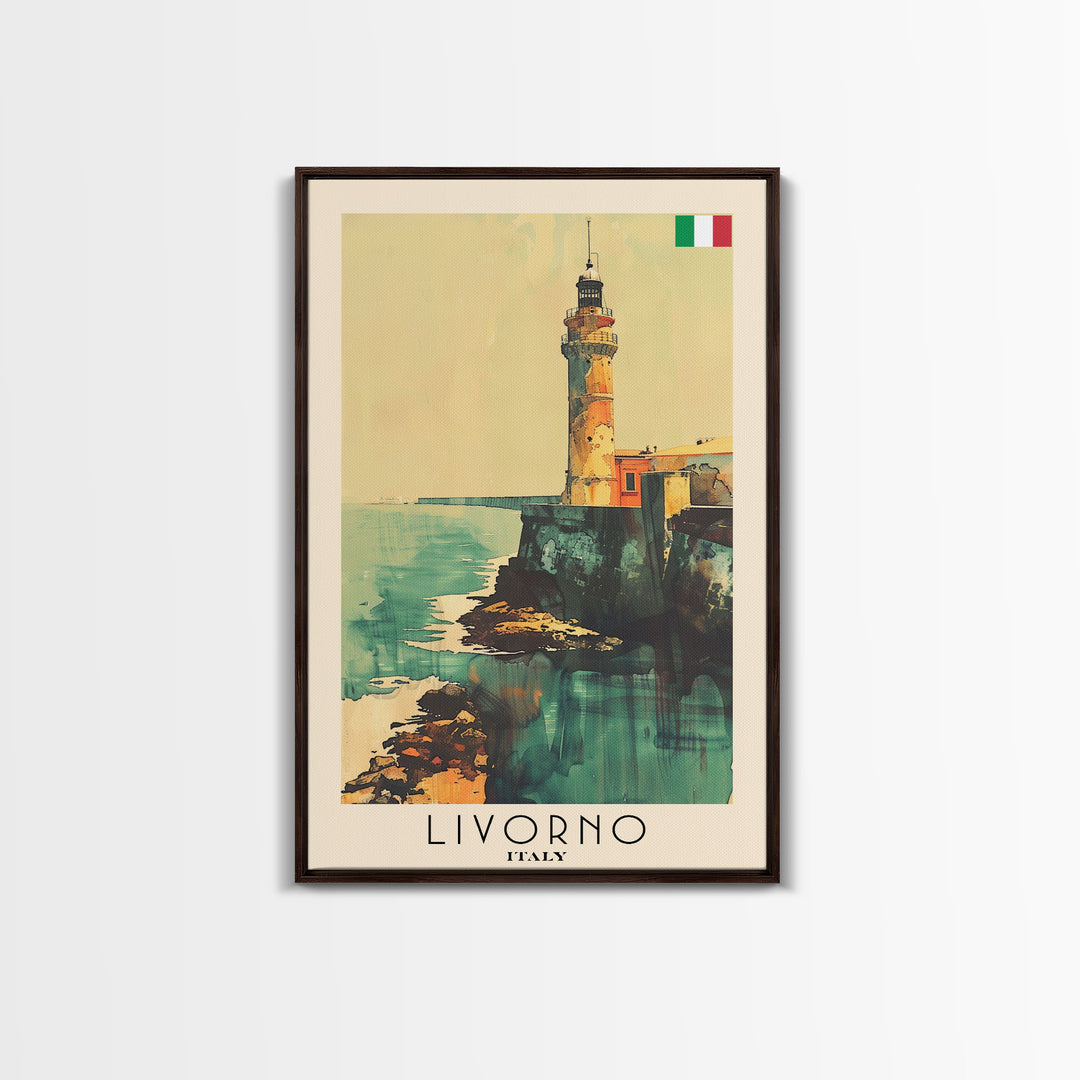 Livorno Italy Travel Poster Framed Canvas Print, Coastal Landscape, Watercolor Painting, Wall Art, Home Decor, Travel Print, Artistic Gift