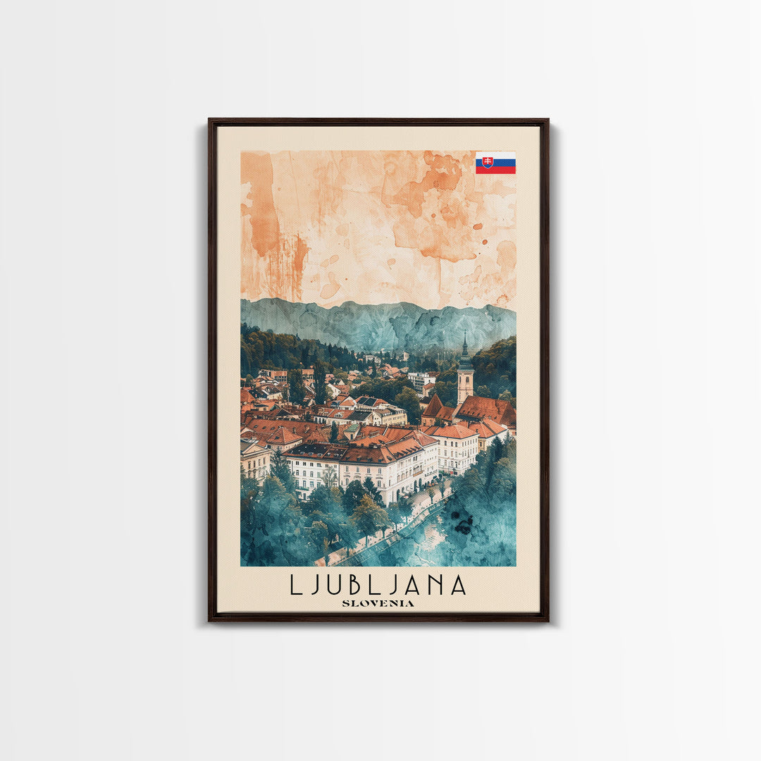 Ljubljana Slovenia Travel Poster Framed Canvas Print, Urban Landscape, Watercolor Art, Wall Decor, Home Decoration, Travel Print, Original Art