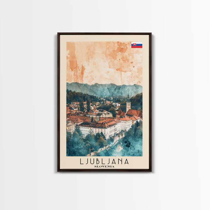 Ljubljana Slovenia Travel Poster Framed Canvas Print, Urban Landscape, Watercolor Art, Wall Decor, Home Decoration, Travel Print, Original Art