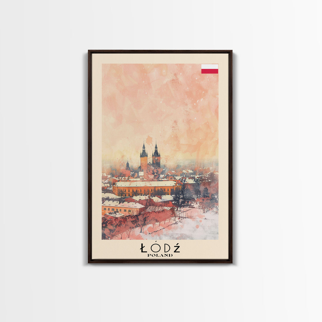 Lodz Poland Travel Poster Framed Canvas Print, Historic Cityscape, Watercolor Painting, Wall Art, Home Decor, Travel Print, Artistic Gift