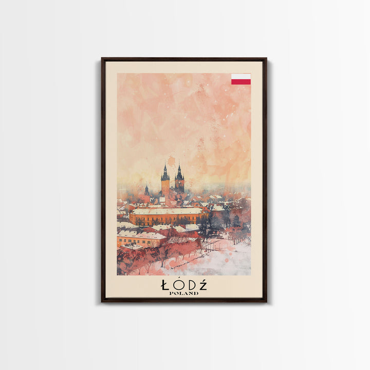 Lodz Poland Travel Poster Framed Canvas Print, Historic Cityscape, Watercolor Painting, Wall Art, Home Decor, Travel Print, Artistic Gift