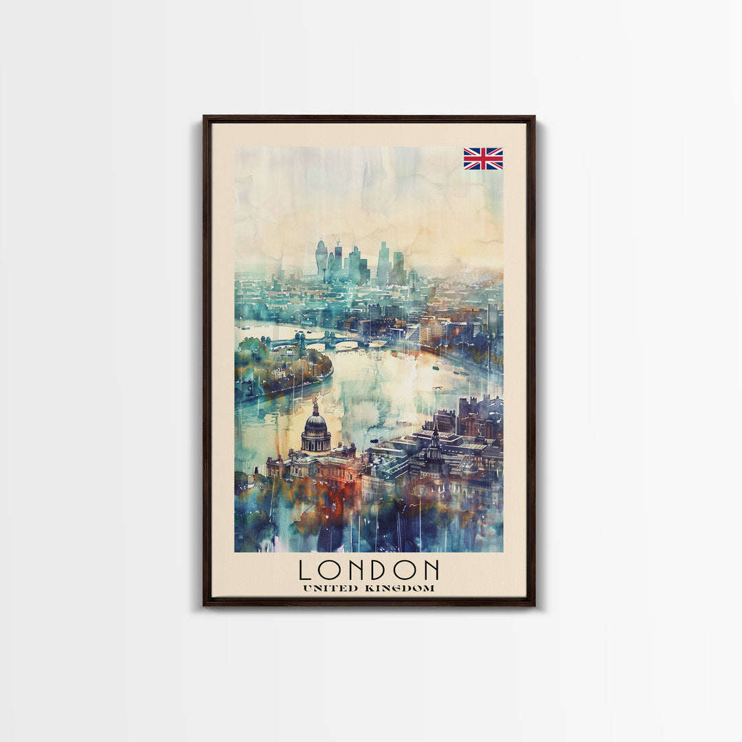 London United Kingdom Travel Poster Framed Canvas Print, Iconic Cityscape, Watercolor Art, Wall Decor, Home Decoration, Travel Print, Artistic Gift