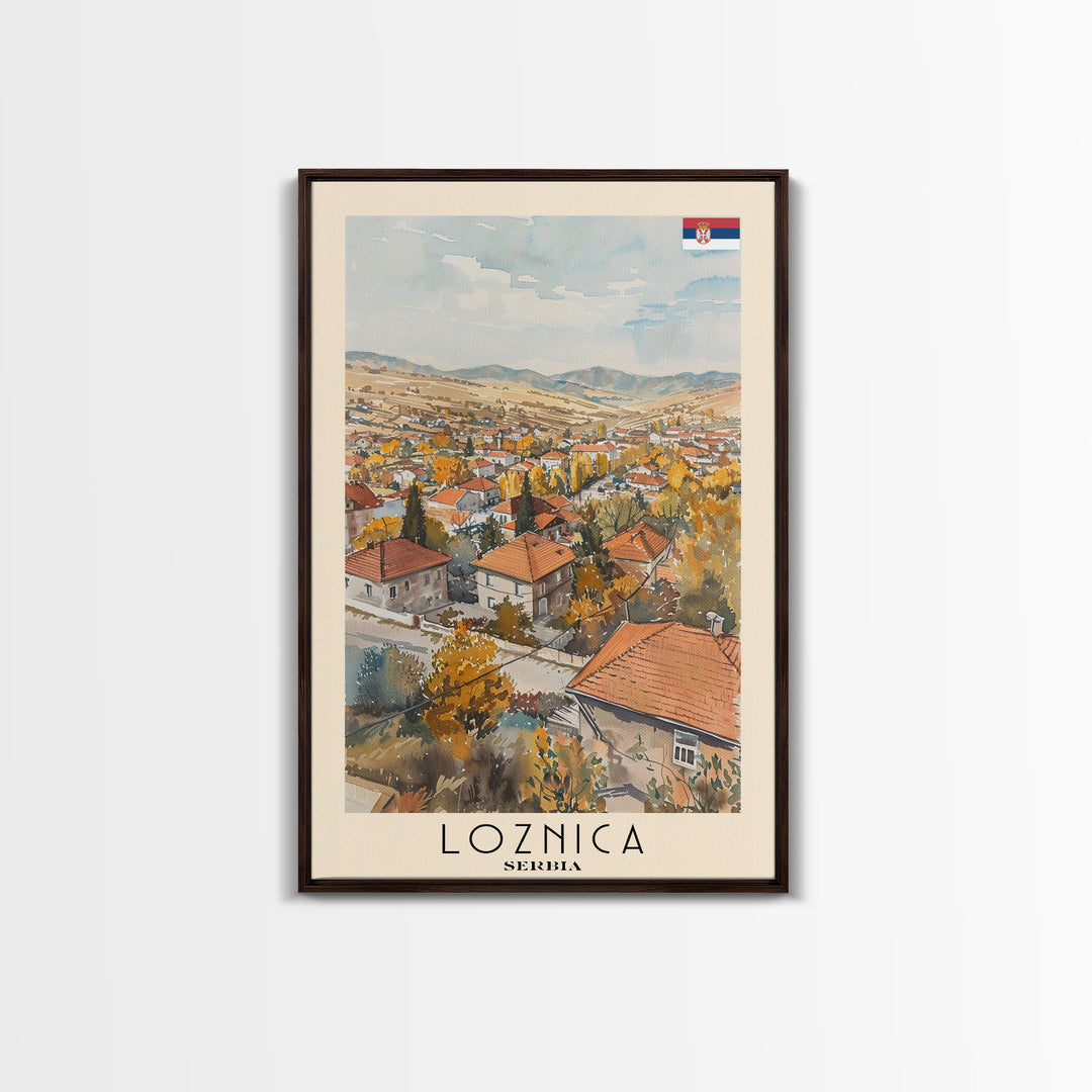 Loznica Serbia Travel Poster Framed Canvas Print, Urban Landscape, Watercolor Art, Wall Decor, Home Decoration, Travel Print, Original Art