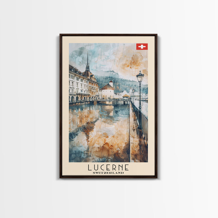Lucerne Switzerland Travel Poster Framed Canvas Print, Scenic Landscape, Watercolor Art, Wall Decoration, Home Decor, Travel Print, Original Painting