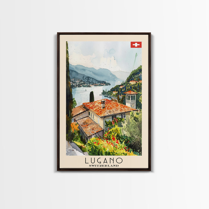 Lugano Switzerland Travel Poster Framed Canvas Print, Lakeside Cityscape, Watercolor Painting, Wall Art, Home Decoration, Travel Print, Artistic Gift
