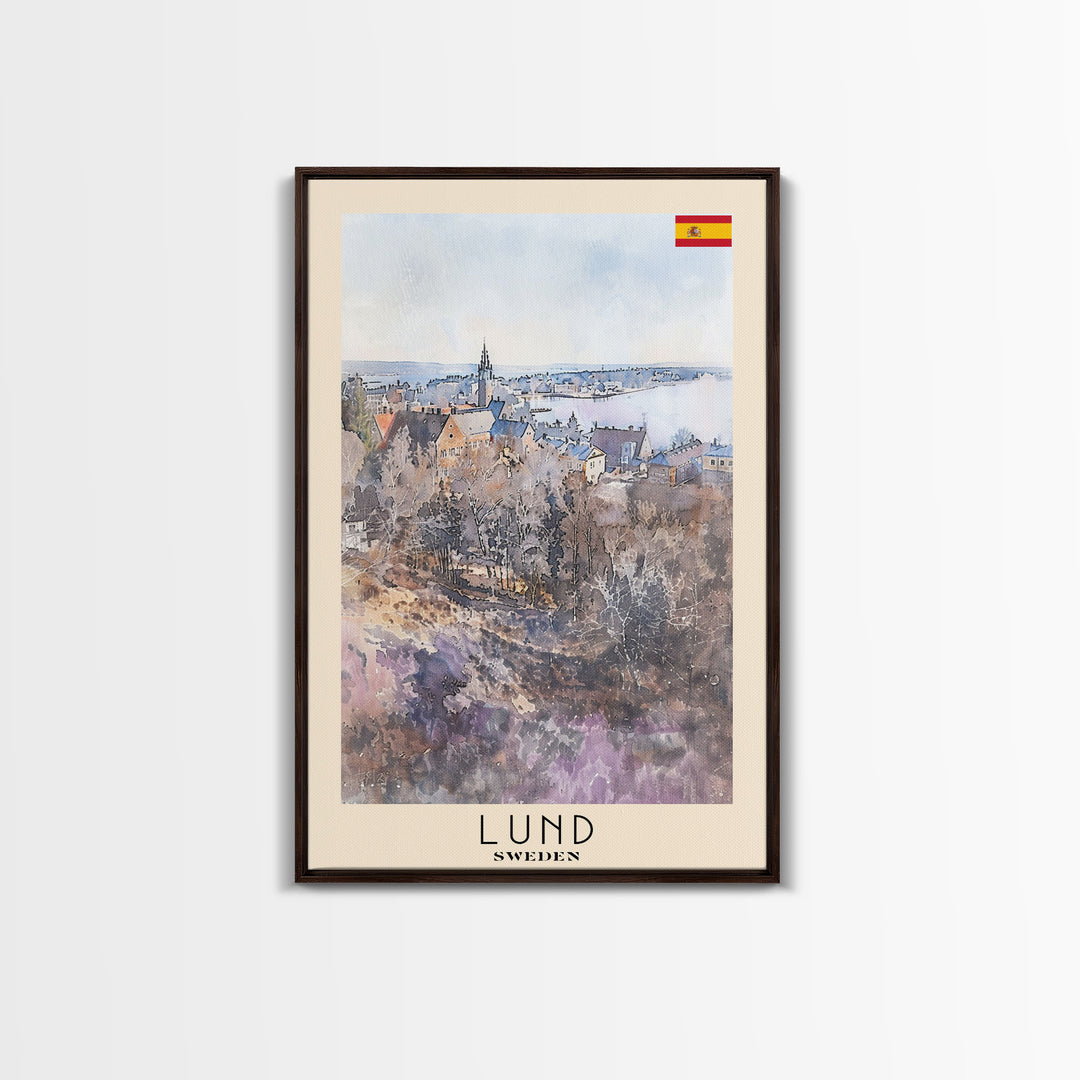 Lund Sweden Travel Poster Framed Canvas Print, Historic Cityscape, Watercolor Art, Wall Decor, Home Decoration, Travel Print, Original Art