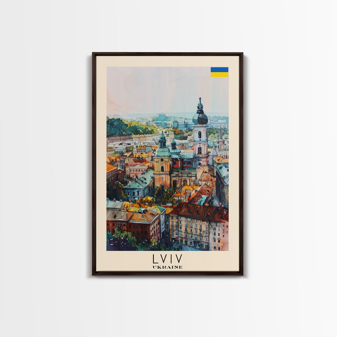 Lviv Ukraine Travel Poster Framed Canvas Print, Colorful Cityscape, Urban Wall Art, Home Decoration, Travel Print, Original Painting