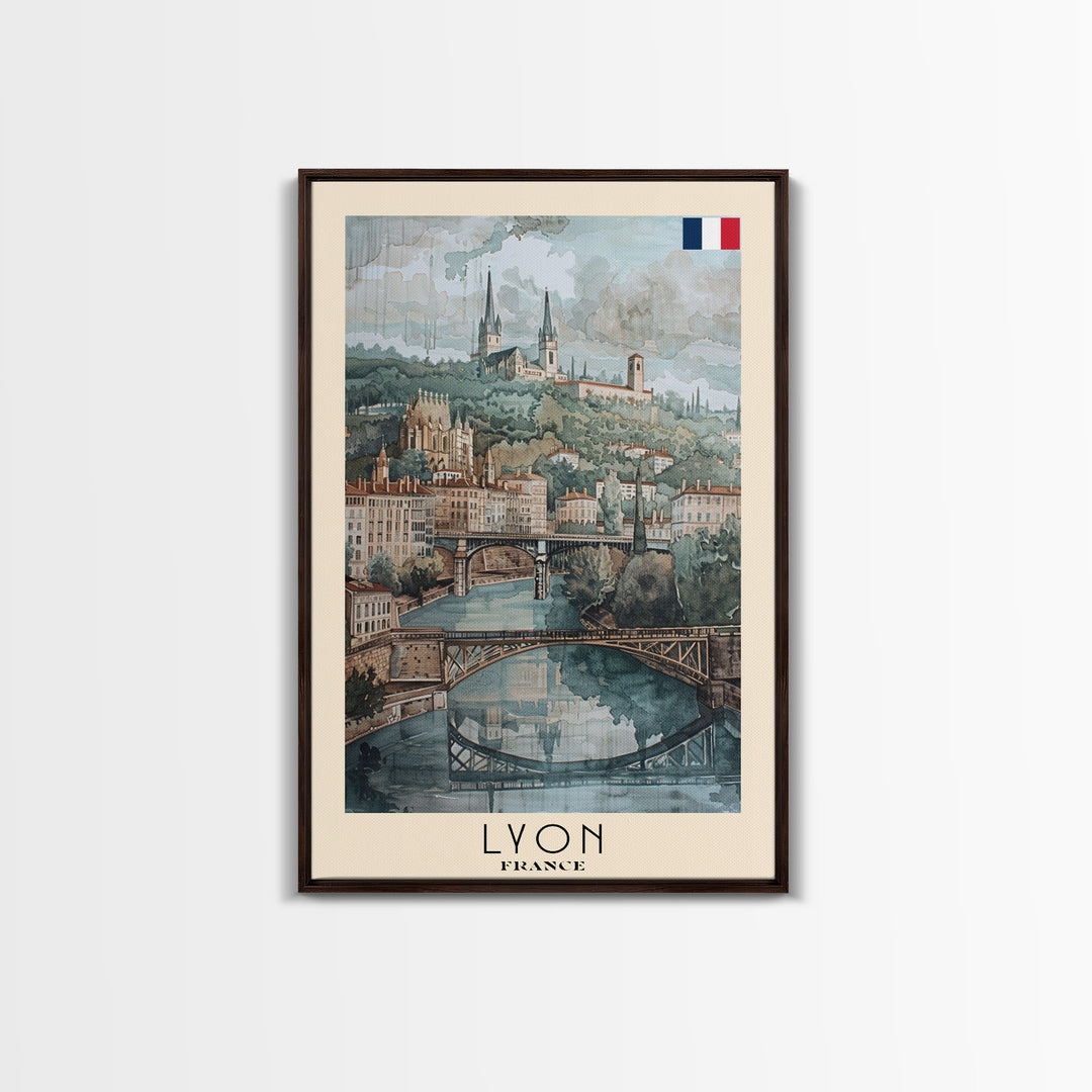 Lyon France Travel Poster Framed Canvas Print, Historic Cityscape, Watercolor Art, Wall Hanging, Home Decor, Travel Print, Art Collectible