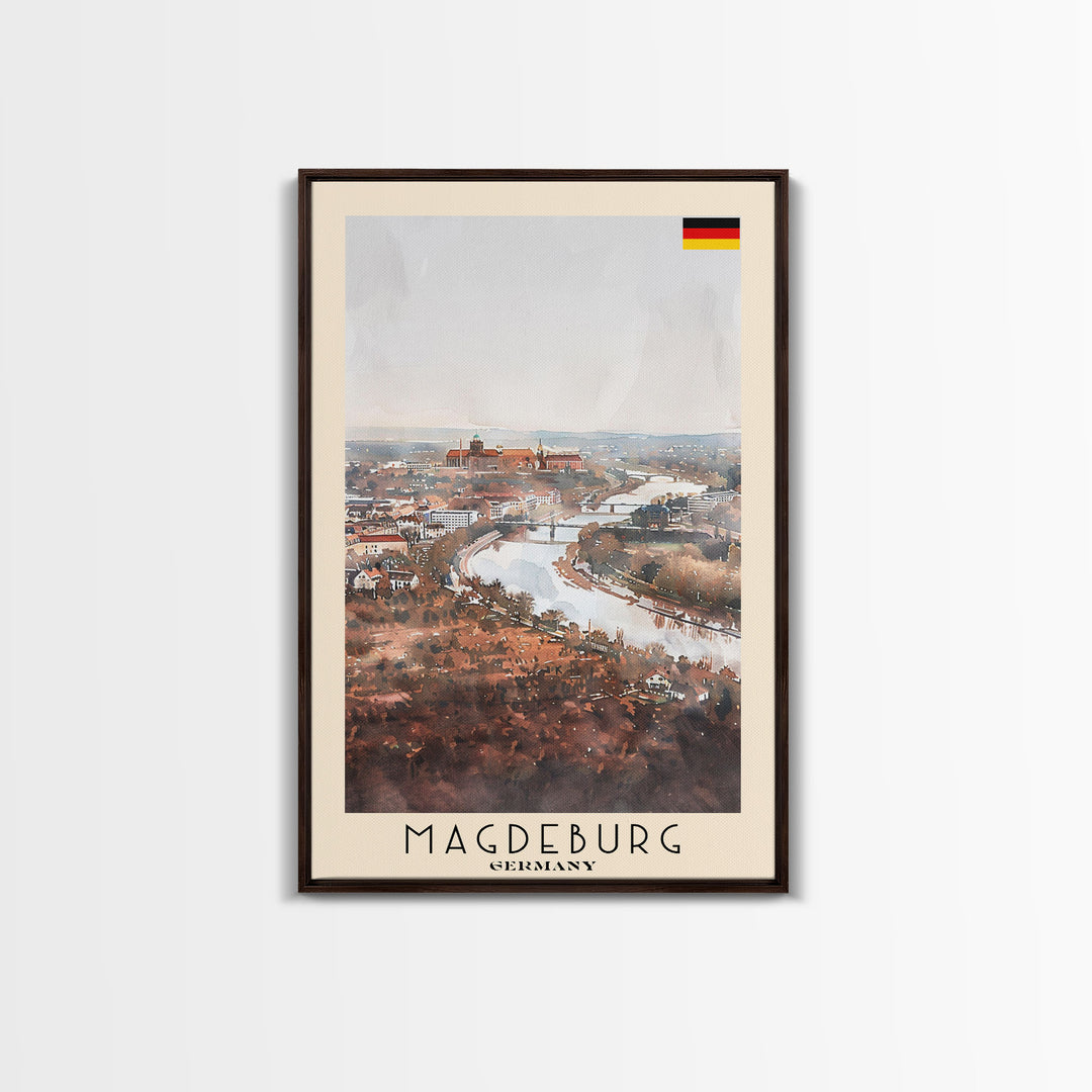 Magdeburg Germany Travel Poster Framed Canvas Print, Historic Landmarks, Watercolor Art, Wall Decor, Home Interior, Travel Print, Artistic Gift