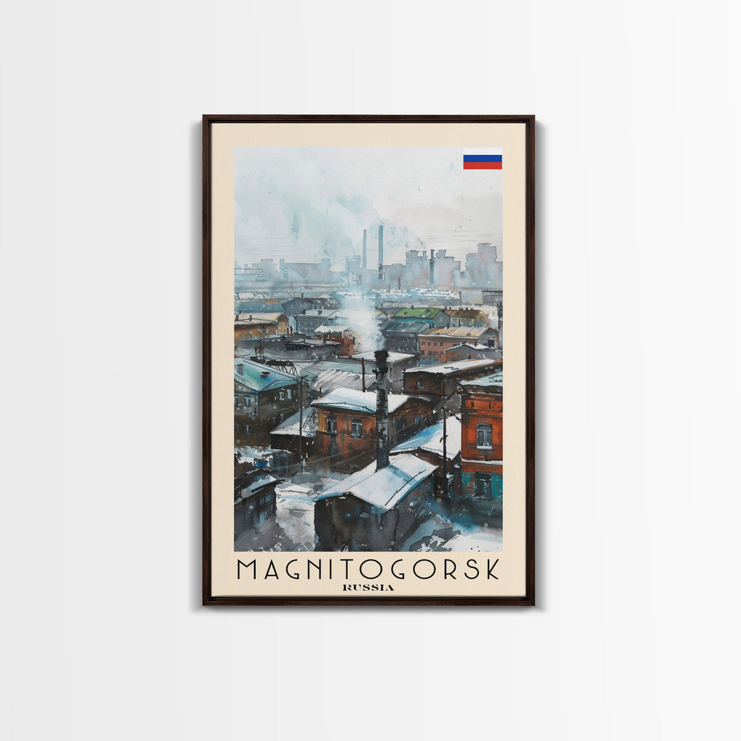Magnitogorsk Russia Travel Poster Framed Canvas Print, Industrial Cityscape, Watercolor Painting, Wall Art, Home Decor, Travel Print, Original Piece