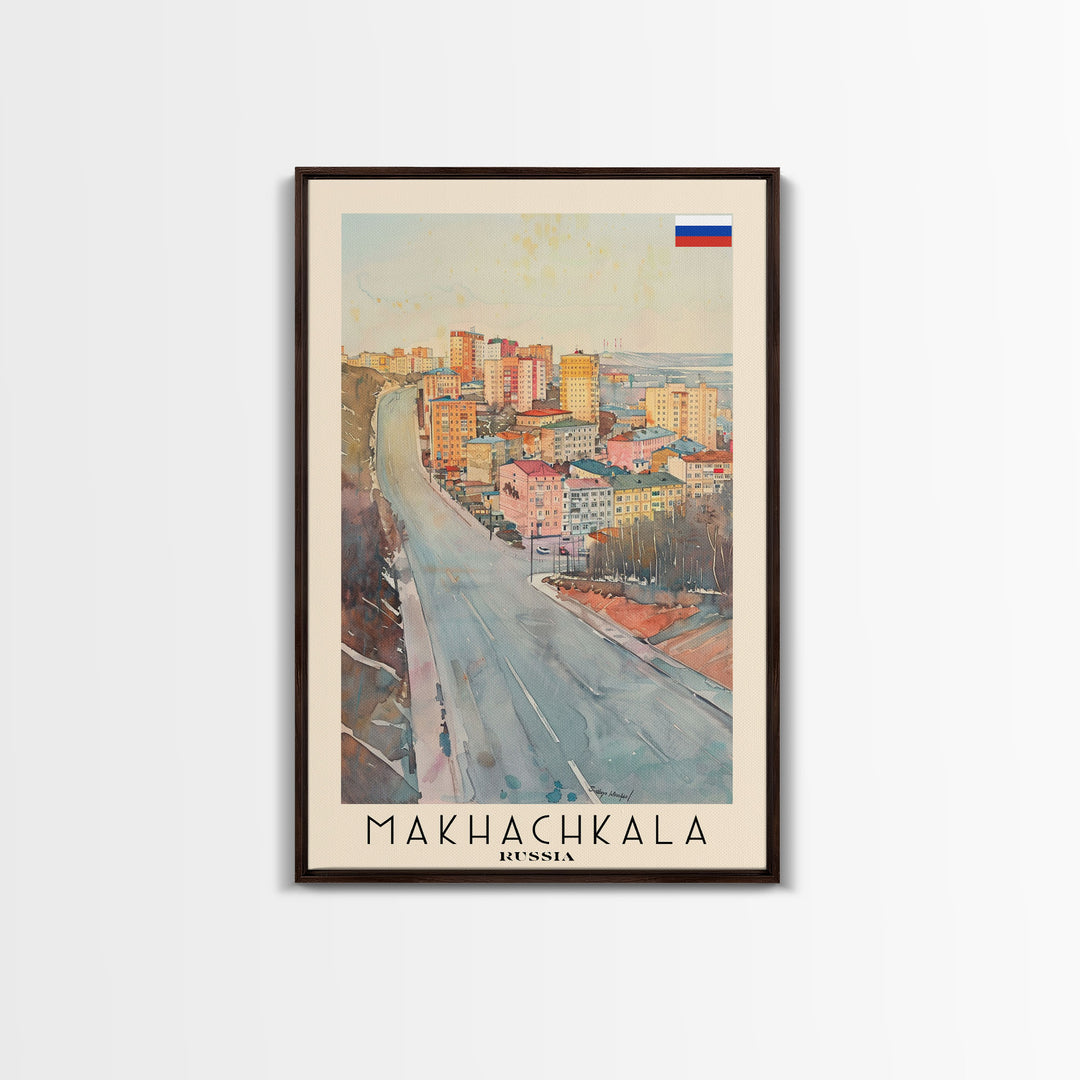 Makhachkala Russia Travel Poster Framed Canvas Print, Coastal Cityscape, Watercolor Art, Wall Hanging, Home Decor, Travel Print, Artistic Gift