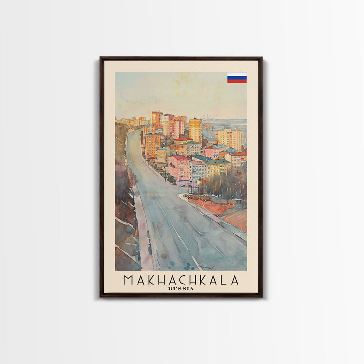 Makhachkala Russia Travel Poster Framed Canvas Print, Coastal Cityscape, Watercolor Art, Wall Hanging, Home Decor, Travel Print, Artistic Gift