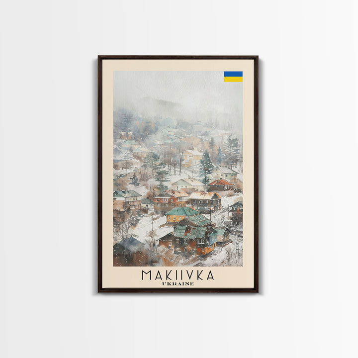 Makiivka Ukraine Travel Poster Framed Canvas Print, Urban Landscape, Watercolor Painting, Wall Art, Home Decoration, Travel Print, Unique Art