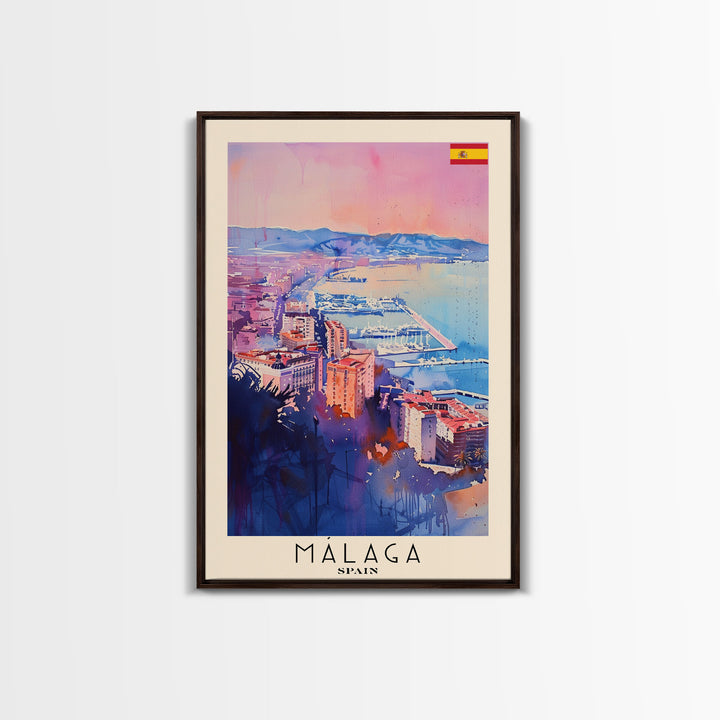 Malaga Spain Travel Poster Framed Canvas Print, Vibrant Coastline, Watercolor Art, Wall Decoration, Interior Decor, Travel Print, Unique Artwork