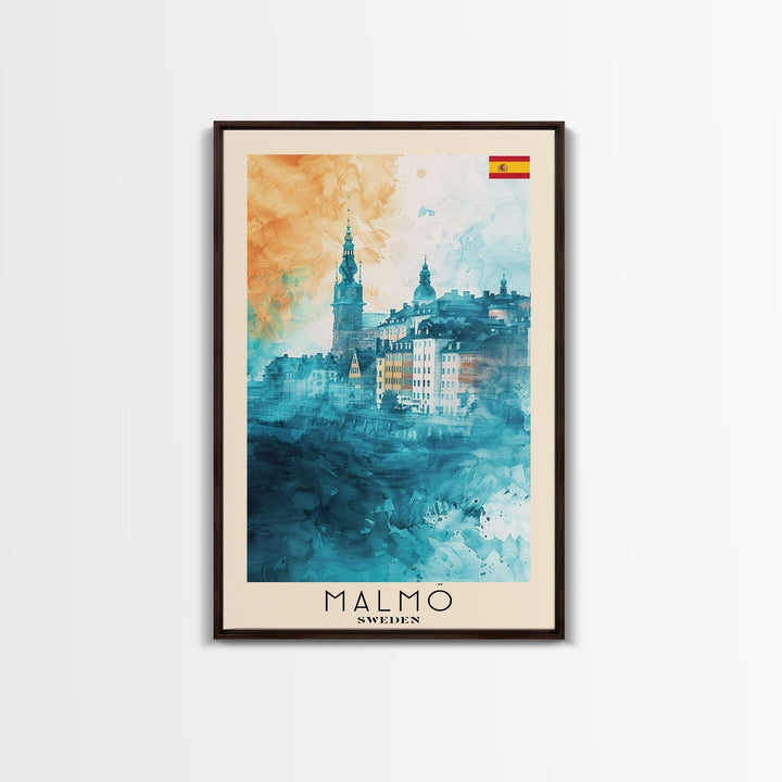 Malmo Sweden Travel Poster Framed Canvas Print, Modern Cityscape, Urban Art, Wall Hanging, Home Decor, Travel Print, Original Piece