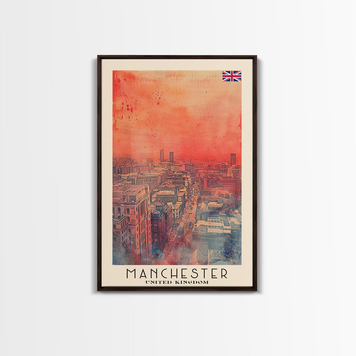 Manchester United Kingdom Travel Poster Framed Canvas Print, Iconic Landmarks, Watercolor Painting, Wall Decor, Interior Art, Travel Print, Artistic Gift