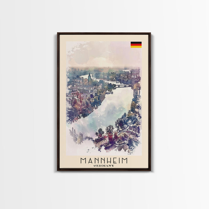Mannheim Germany Travel Poster Framed Canvas Print, Historic Architecture, Watercolor Art, Wall Hanging, Interior Decor, Travel Print, Original Painting
