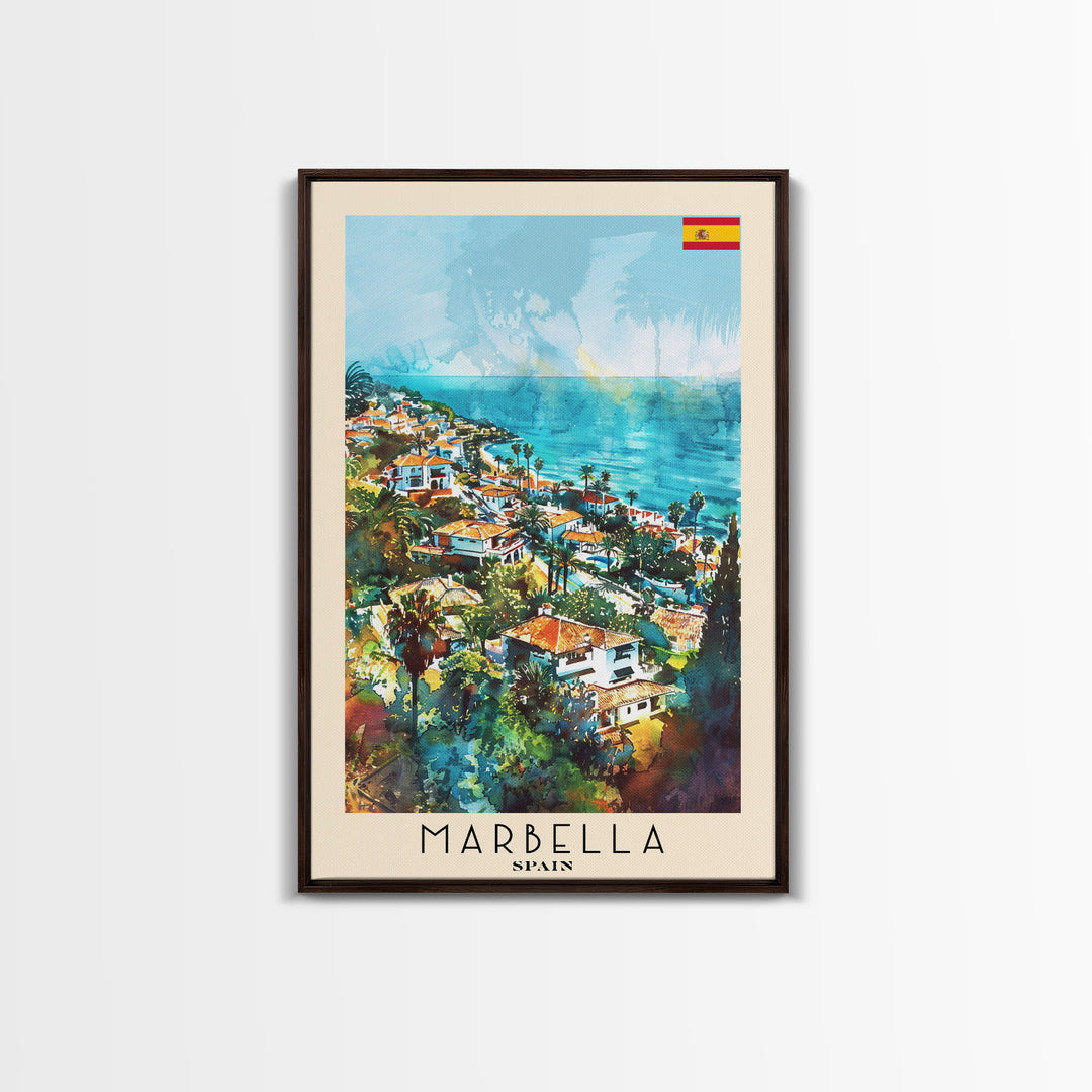 Marbella Spain Travel Poster Framed Canvas Print, Coastal Cityscape, Watercolor Painting, Wall Decor, Home Decoration, Travel Print, Artistic Piece