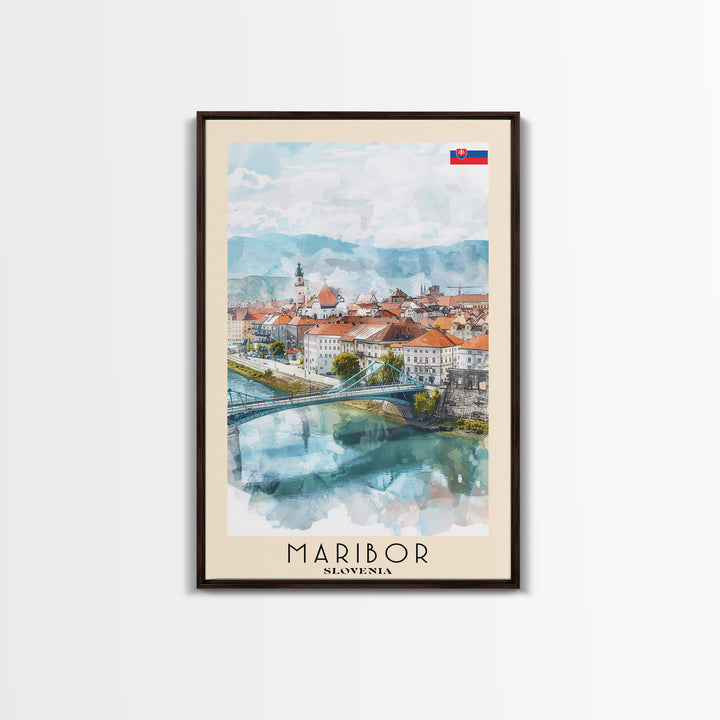 Maribor Slovenia Travel Poster Framed Canvas Print, Urban Landscape, Watercolor Art, Wall Hanging, Home Decor, Travel Print, Original Art