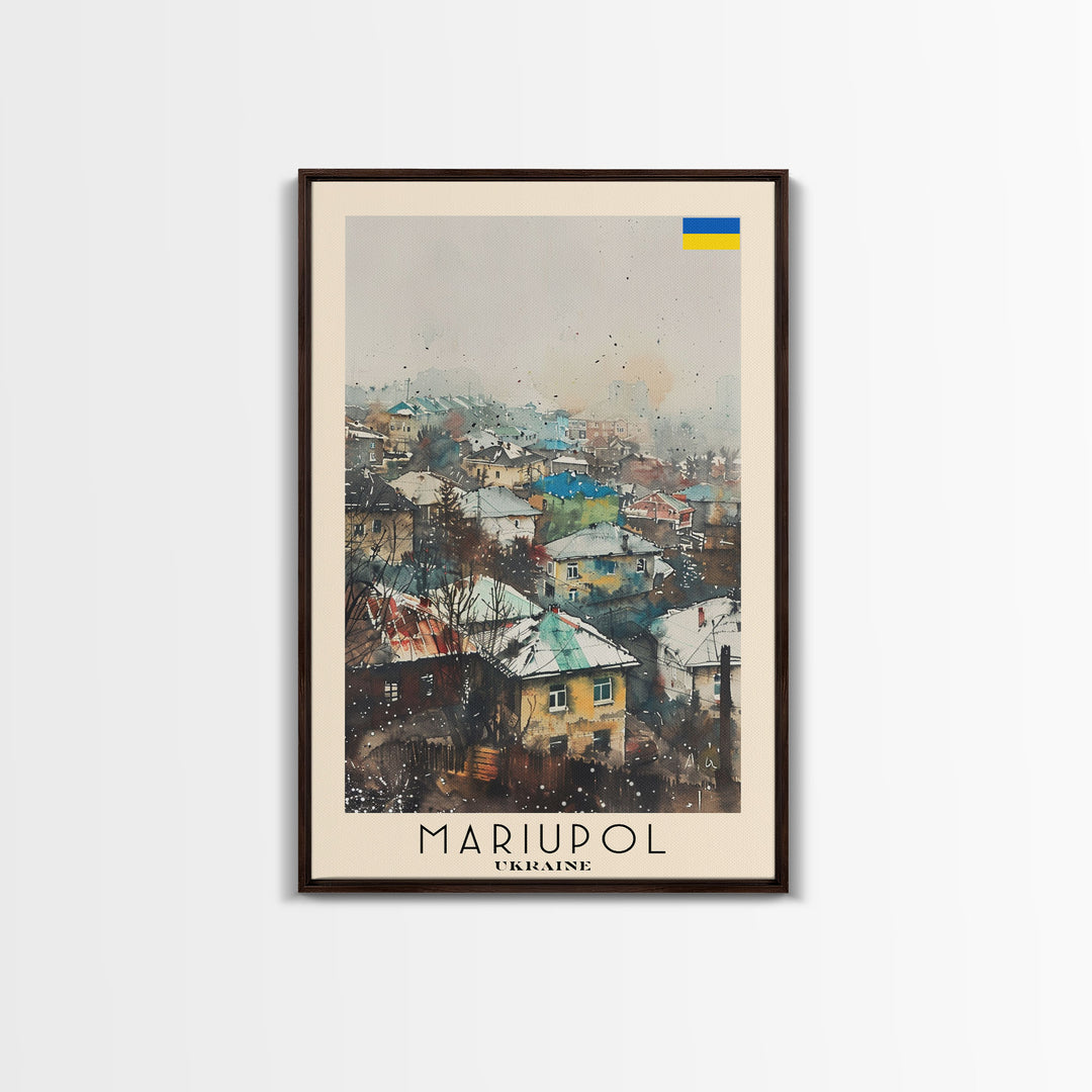 Mariupol Ukraine Travel Poster Framed Canvas Print, Scenic Cityscape, Watercolor Painting, Wall Decor, Interior Design, Travel Print, Unique Artwork