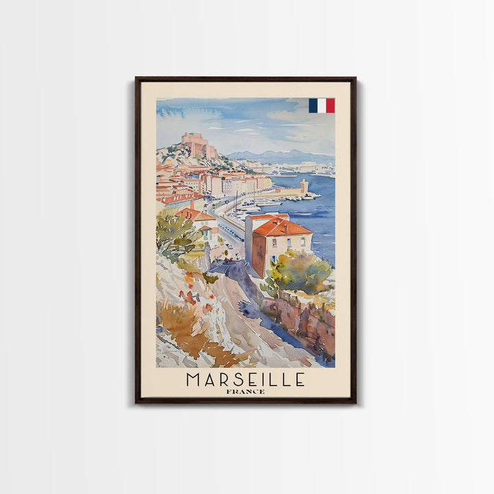 Marseille France Travel Poster Framed Canvas Print, Vibrant Cityscape, Watercolor Art, Wall Hanging, Home Decoration, Travel Print, Artistic Gift